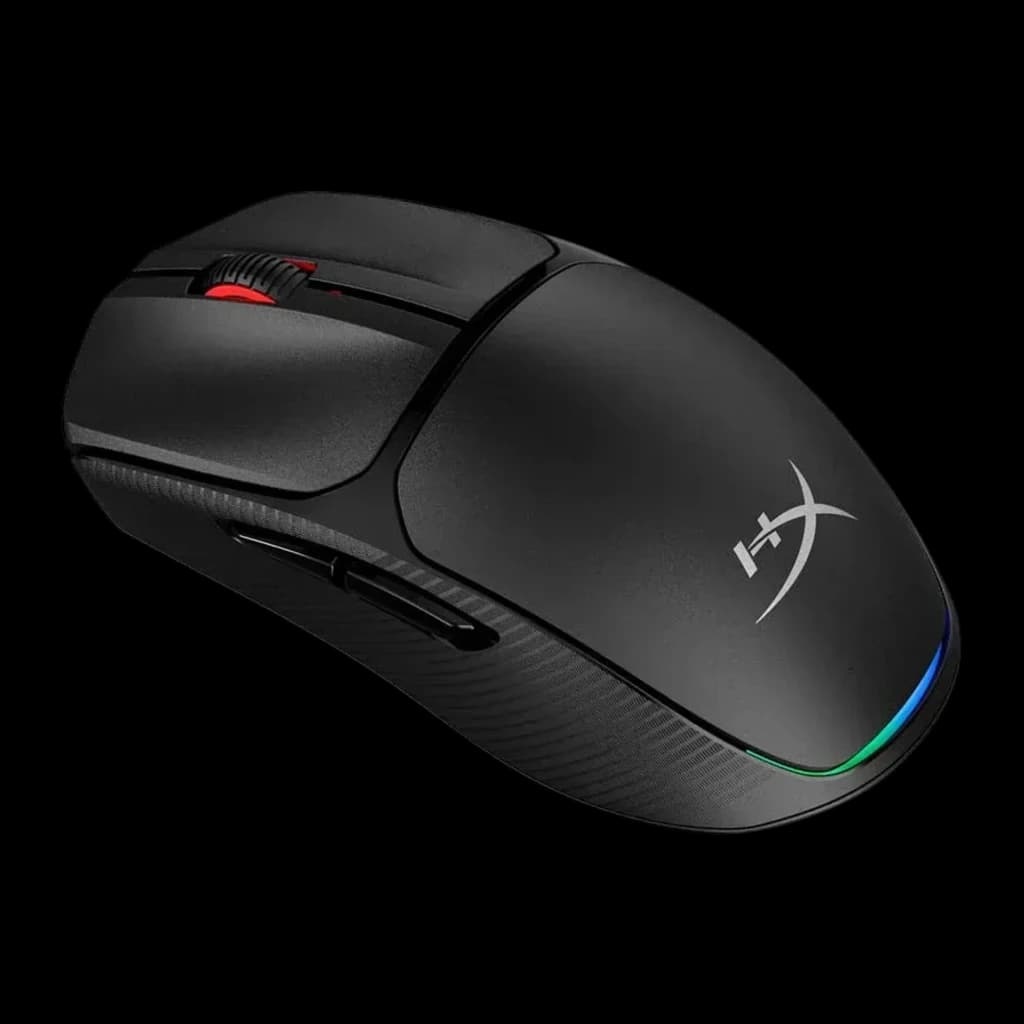 HyperX Pulsefire Fuse Wireless noir, vue latérale 3/4: molette rouge, logo HX et éclairage RGB sur la base
