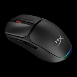HyperX Pulsefire Fuse Wireless noir, vue latérale 3/4: molette rouge, logo HX et éclairage RGB sur la base