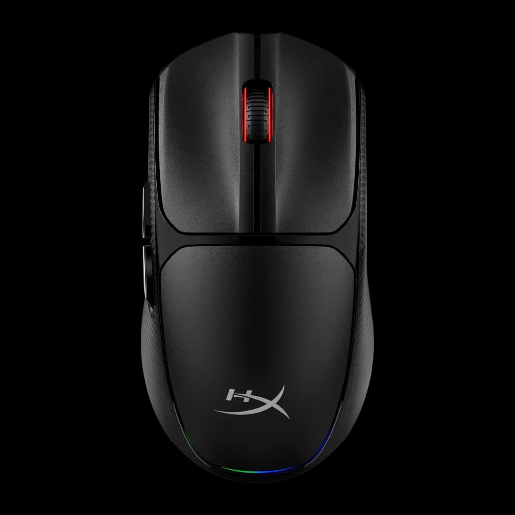 HyperX Pulsefire Fuse Wireless 12000 DPI RGB noir, vue du dessus: molette éclairée en rouge, logo HX et RGB à la base