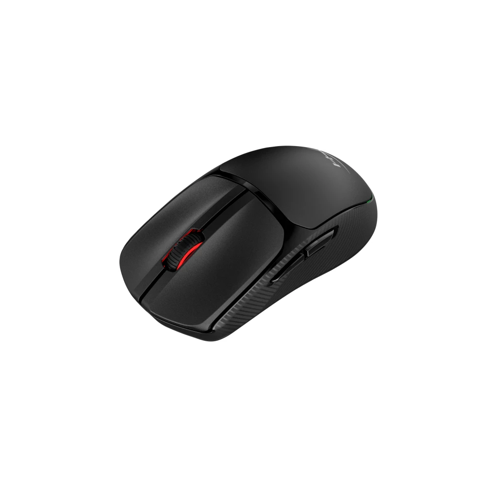 HyperX Pulsefire Fuse Wireless 12000 DPI RGB preto, vista superior: roda com luz vermelha, logo HX e RGB na base - Item2