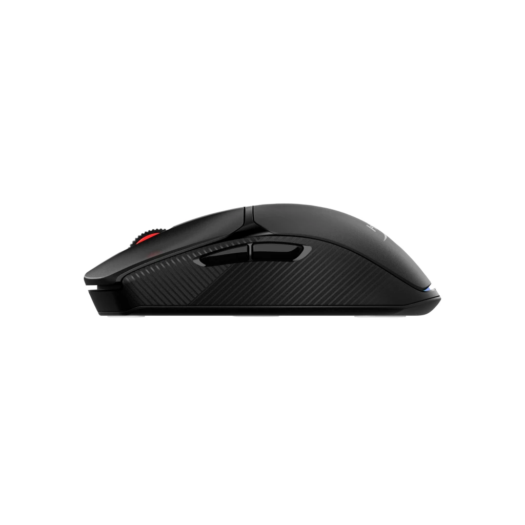 HyperX Pulsefire Fuse Wireless 12000 DPI RGB preto, vista superior: roda com luz vermelha, logo HX e RGB na base - Item4
