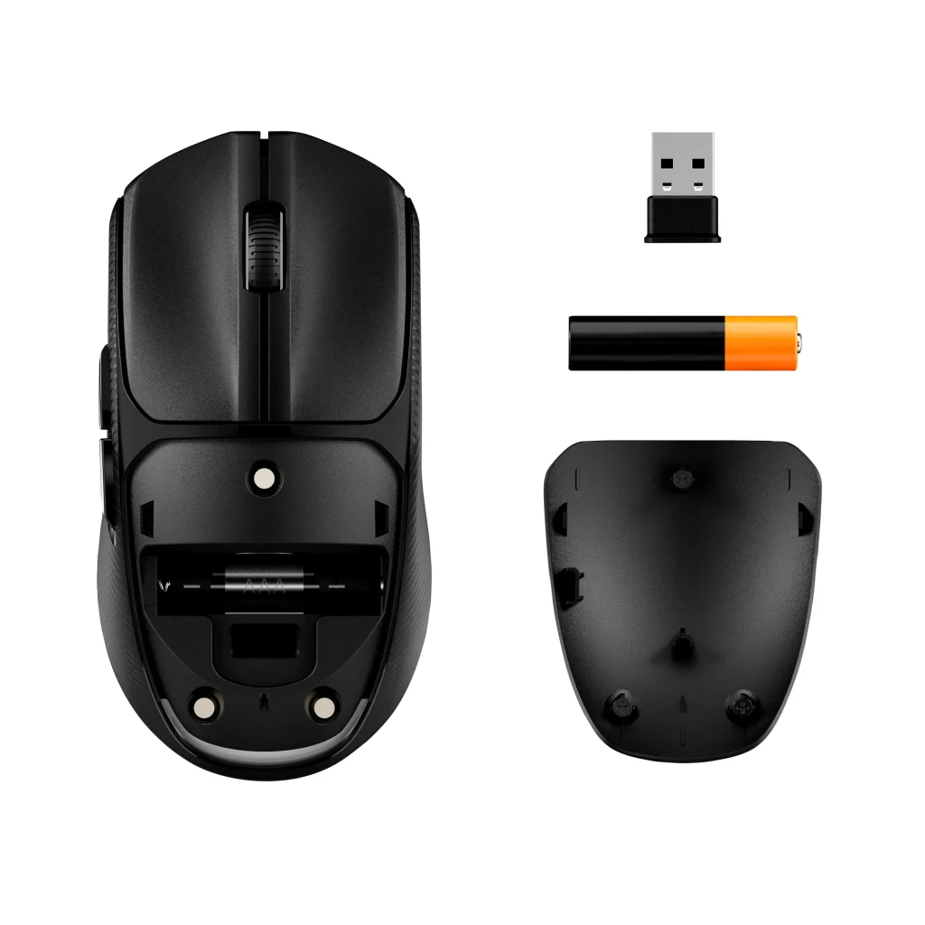 HyperX Pulsefire Fuse Wireless 12000 DPI RGB preto, vista superior: roda com luz vermelha, logo HX e RGB na base - Item5