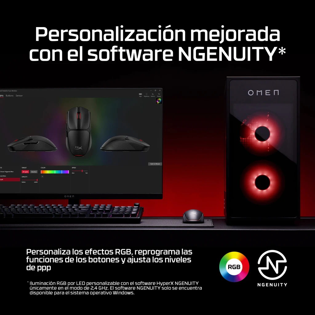 HyperX Pulsefire Fuse Wireless 12000 DPI RGB preto, vista superior: roda com luz vermelha, logo HX e RGB na base - Item8