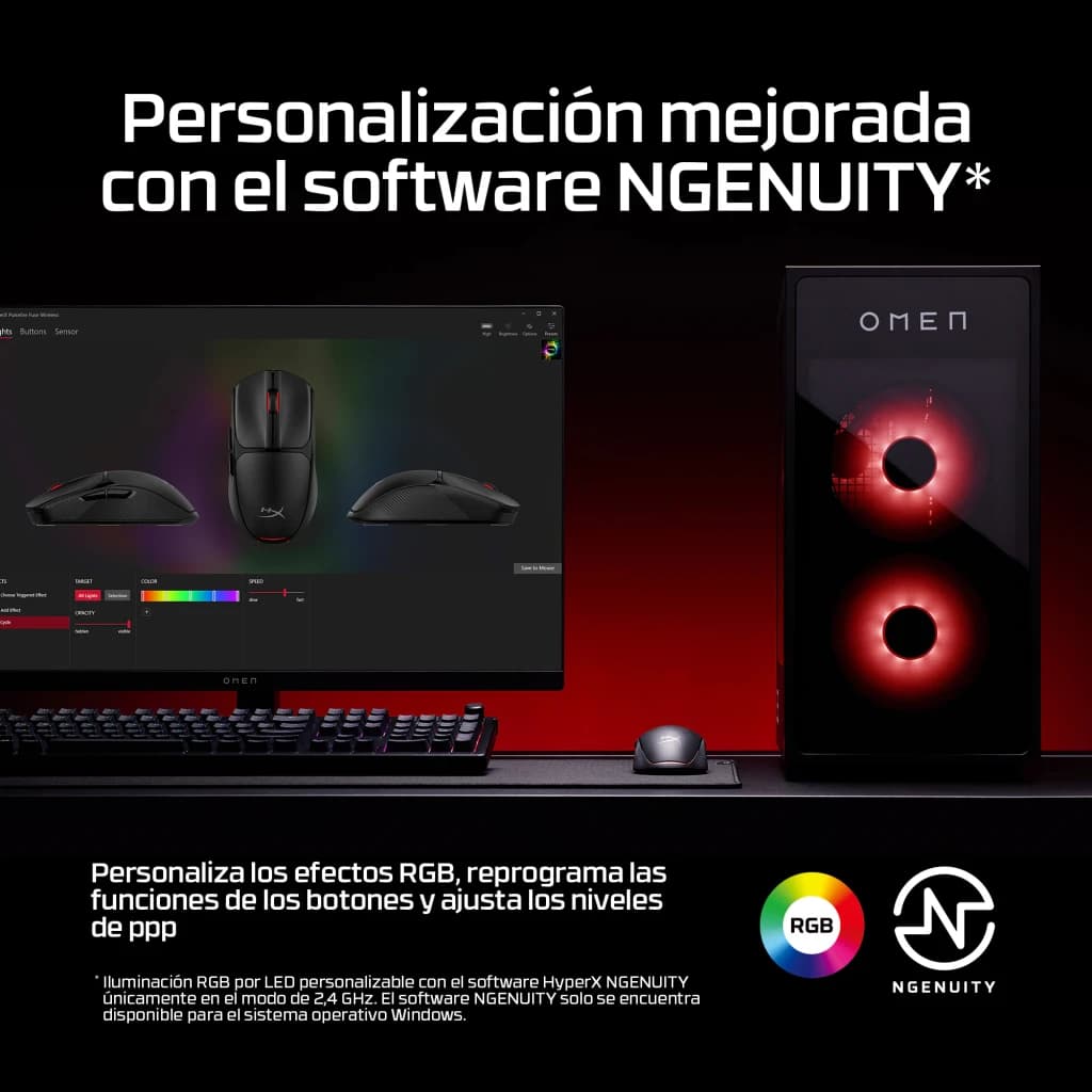 HyperX Pulsefire Fuse Wireless 12000 DPI RGB noir, logiciel: interface NGENUITY sur moniteur OMEN avec souris sur bureau