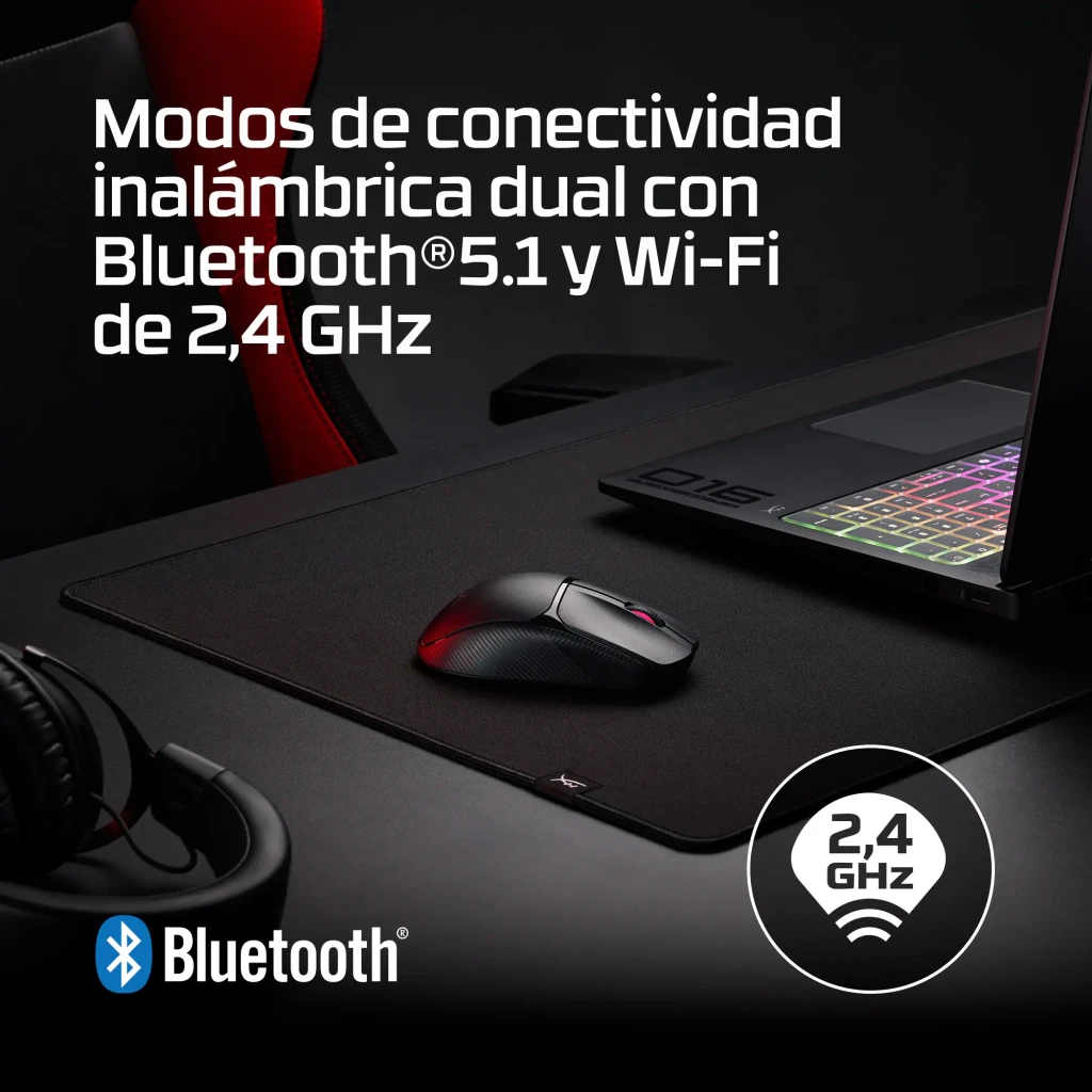 HyperX Pulsefire Fuse Wireless 12000 DPI RGB preto, vista superior: roda com luz vermelha, logo HX e RGB na base - Item9