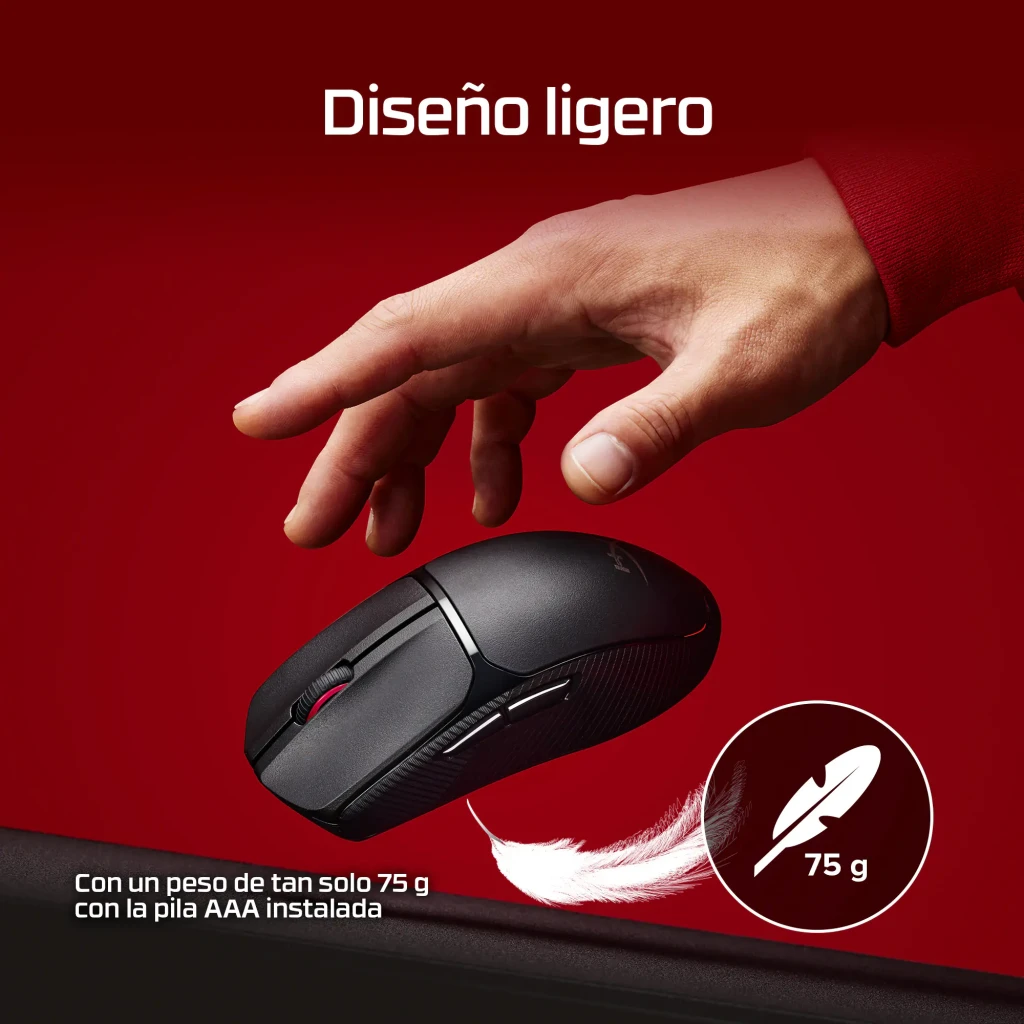HyperX Pulsefire Fuse Wireless 12000 DPI RGB preto, vista superior: roda com luz vermelha, logo HX e RGB na base - Item6