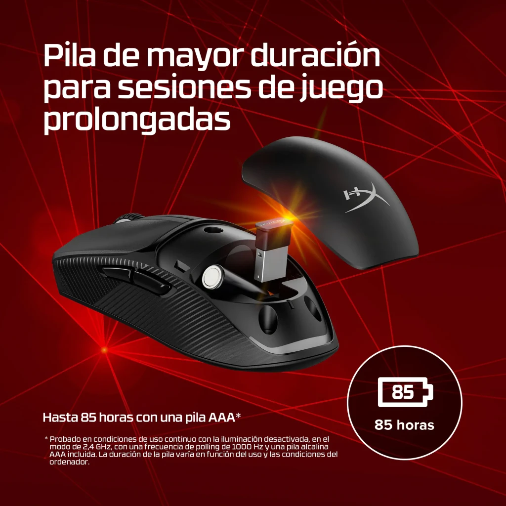 HyperX Pulsefire Fuse Wireless 12000 DPI RGB preto, vista superior: roda com luz vermelha, logo HX e RGB na base - Item10