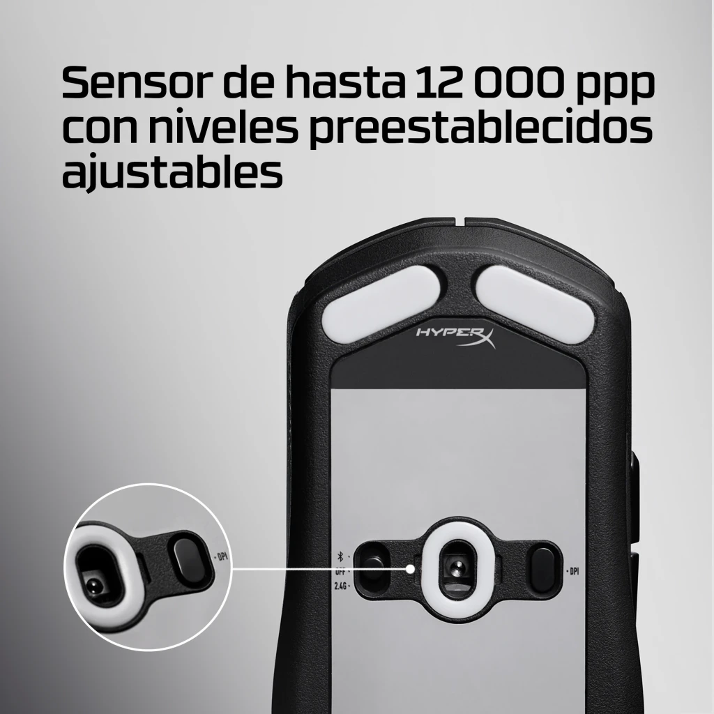 HyperX Pulsefire Fuse Wireless 12000 DPI RGB preto, vista superior: roda com luz vermelha, logo HX e RGB na base - Item11