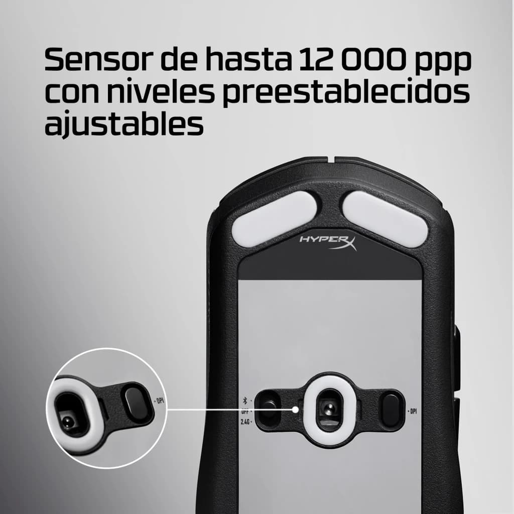 HyperX Pulsefire Fuse Wireless 12000 DPI noir, détail dessous: bouton DPI et sélecteur de connectivité en gros plan