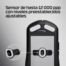 HyperX Pulsefire Fuse Wireless 12000 DPI noir, détail dessous: bouton DPI et sélecteur de connectivité en gros plan