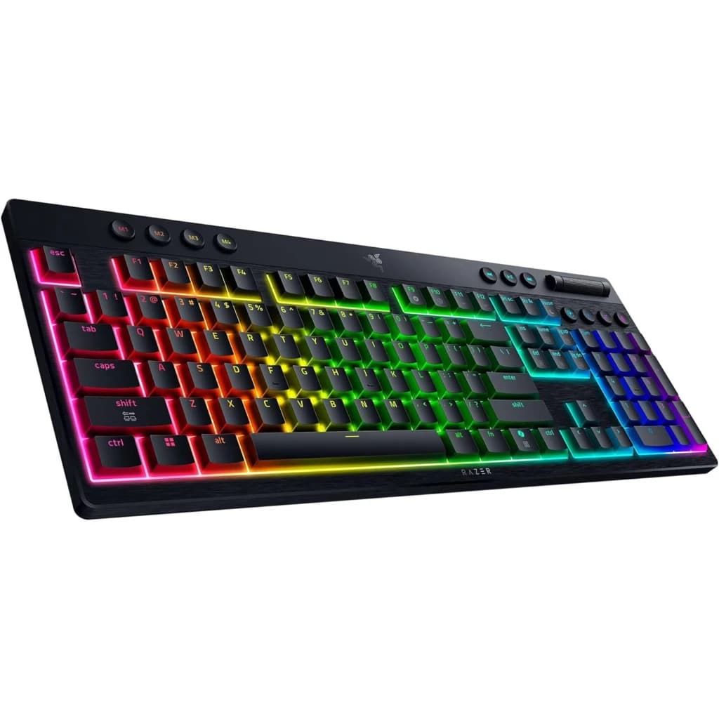 Razer BlackWidow V4 HyperSpeed Inalámbrico Orange Switch naranja, vista lateral: retroiluminación RGB multicolor en teclas y