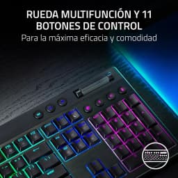 Razer BlackWidow V4 HyperSpeed Naranja, detalle superior: rueda multifunción y 11 botones de control con retroiluminación RGB