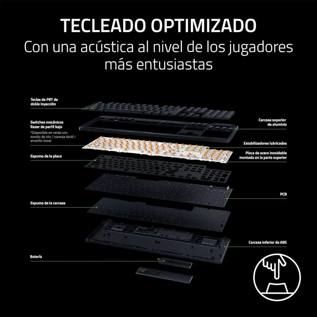 Razer BlackWidow V4 HyperSpeed Naranja, vista explosionada: capas internas con switches, PCB, espumas y carcasa