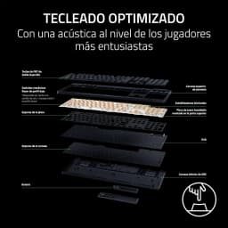 Razer BlackWidow V4 HyperSpeed Naranja, vista explosionada: capas internas con switches, PCB, espumas y carcasa