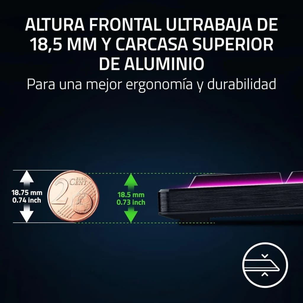 Razer BlackWidow V4 HyperSpeed Naranja, detalle lateral: altura frontal 18,5 mm comparada con moneda de 2 céntimos