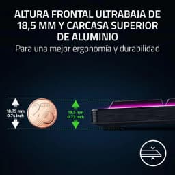 Razer BlackWidow V4 HyperSpeed Naranja, detalle lateral: altura frontal 18,5 mm comparada con moneda de 2 céntimos