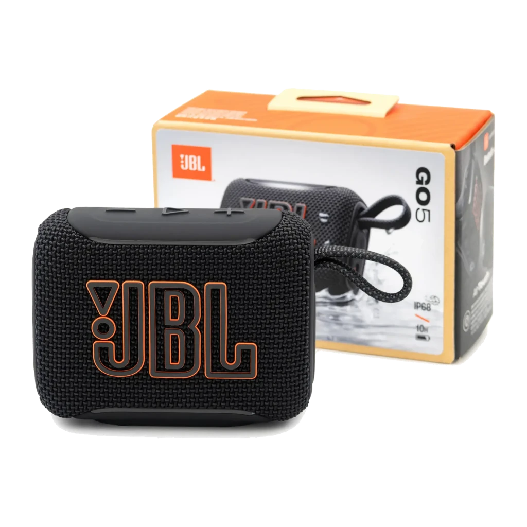 JBL Coluna Bluetooth Go 5 Preto, vista frontal: grelha de tecido com logótipo JBL laranja e alça lateral - Item8