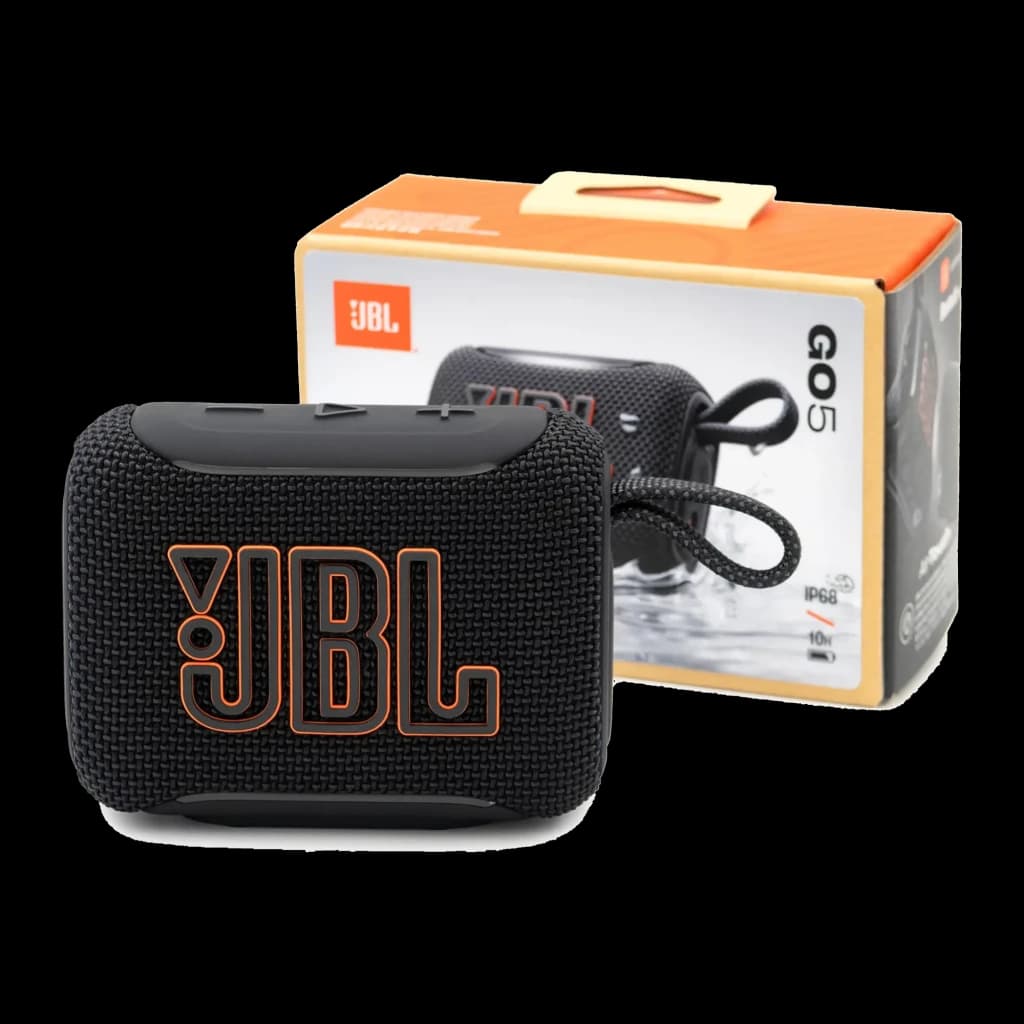 JBL Go 5 preto, kit completo: altifalante frontal ao lado da caixa laranja com indicações IP68 e 10h bateria