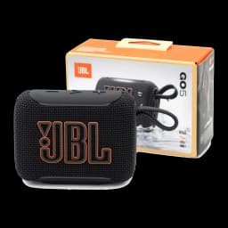 JBL Go 5 preto, kit completo: altifalante frontal ao lado da caixa laranja com indicações IP68 e 10h bateria