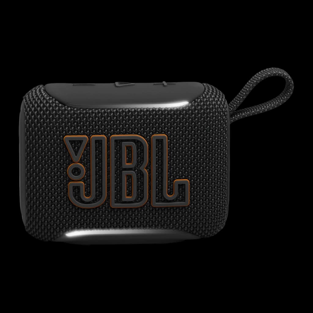 JBL Coluna Bluetooth Go 5 Preto, vista frontal: grelha de tecido com logótipo JBL laranja e alça lateral