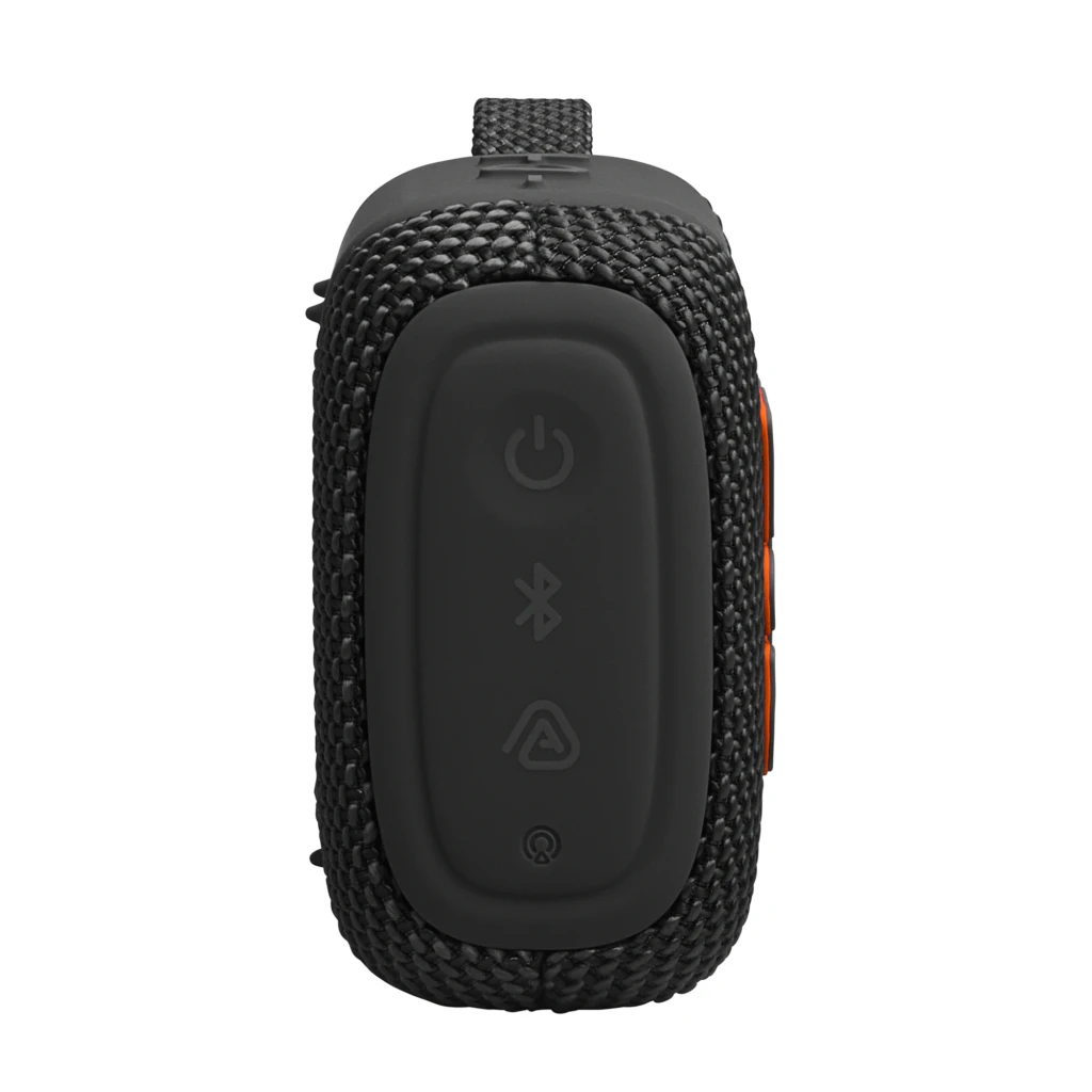 JBL Coluna Bluetooth Go 5 Preto, vista frontal: grelha de tecido com logótipo JBL laranja e alça lateral - Item5
