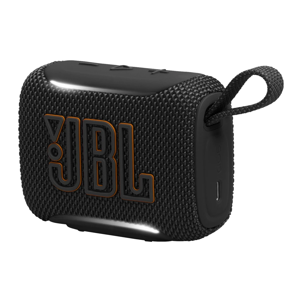 JBL Coluna Bluetooth Go 5 Preto, vista frontal: grelha de tecido com logótipo JBL laranja e alça lateral - Item2