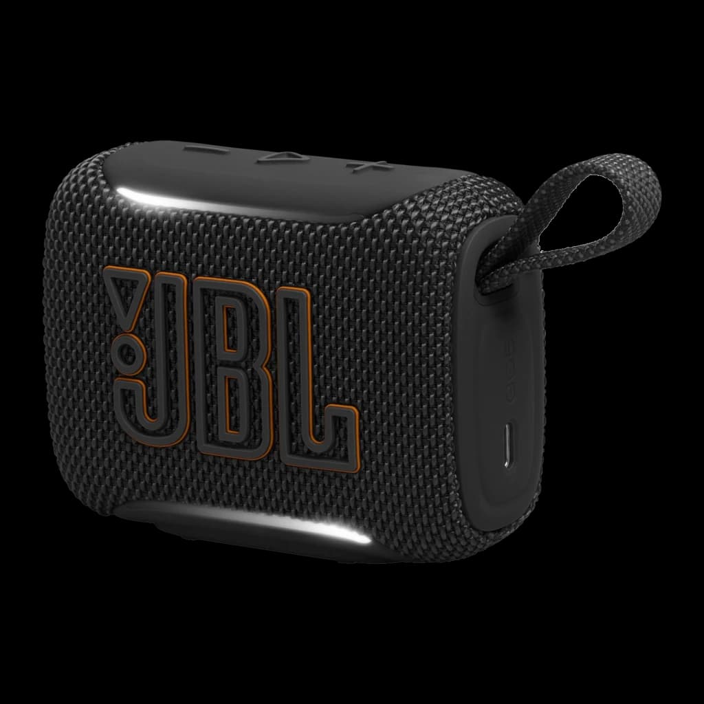 JBL Go 5 preto, vista frontal-lateral direita: porta USB-C lateral e alça têxtil de transporte visíveis