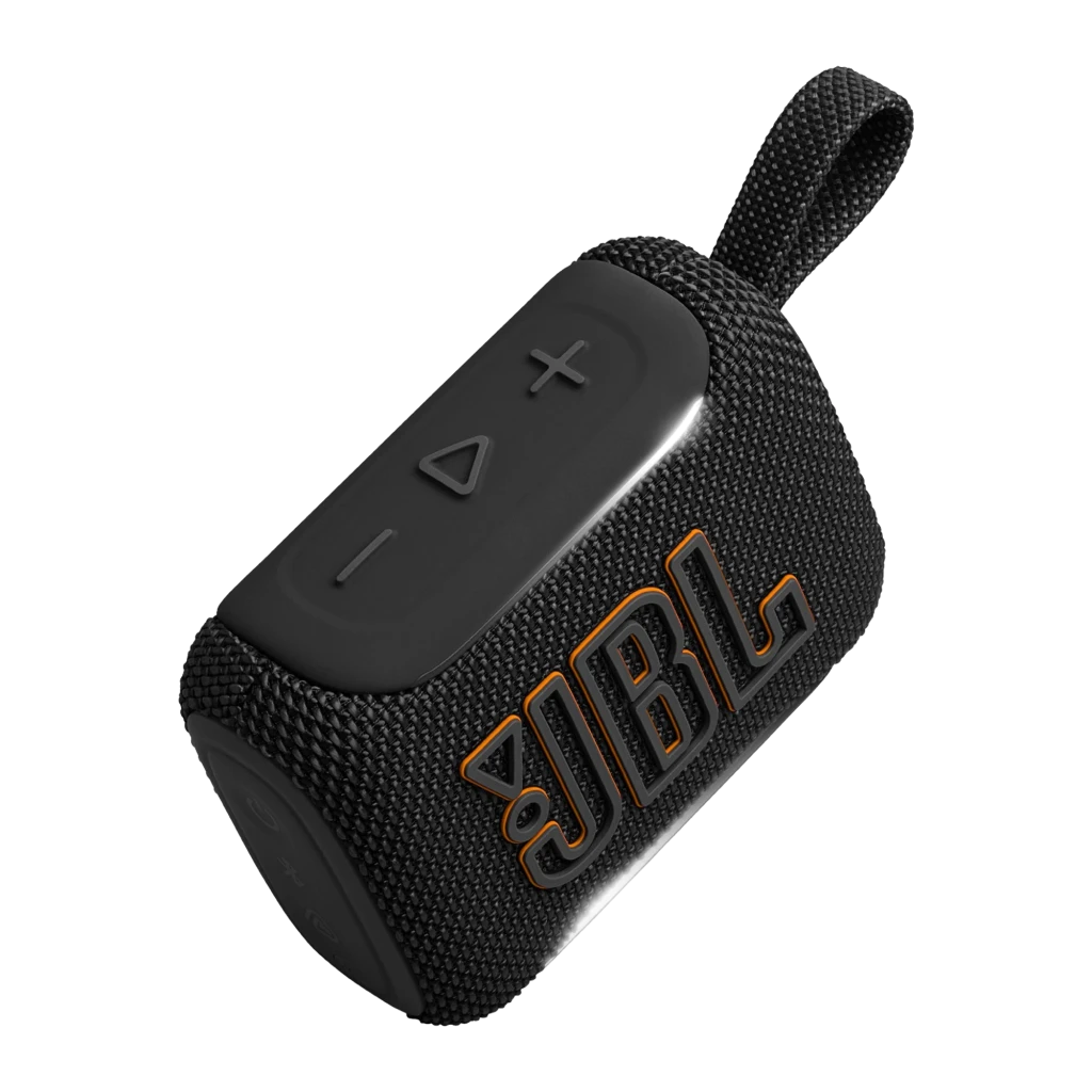 JBL Coluna Bluetooth Go 5 Preto, vista frontal: grelha de tecido com logótipo JBL laranja e alça lateral - Item3