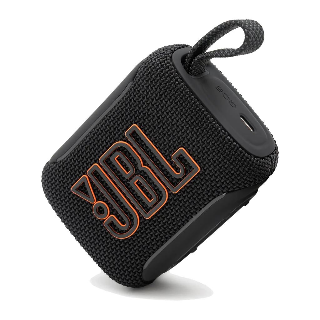 JBL Coluna Bluetooth Go 5 Preto, vista frontal: grelha de tecido com logótipo JBL laranja e alça lateral - Item4