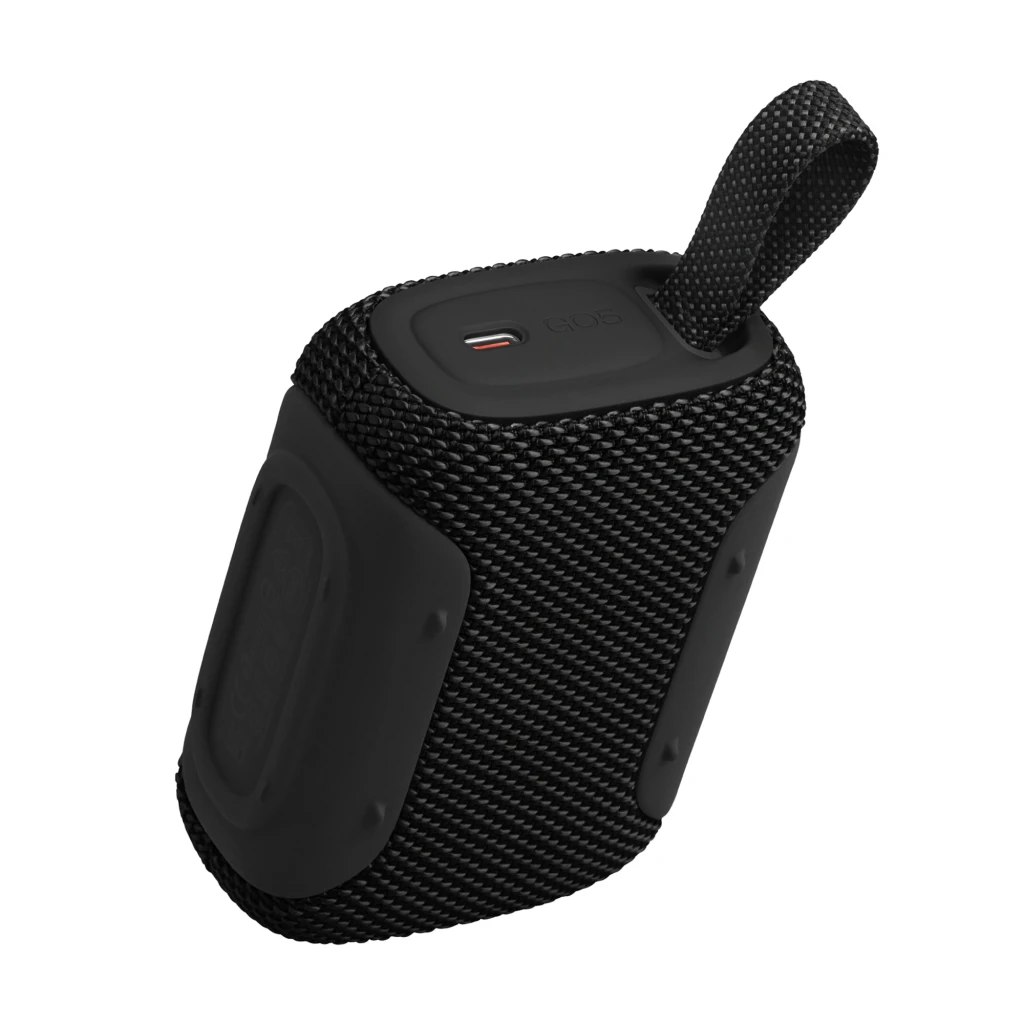 JBL Coluna Bluetooth Go 5 Preto, vista frontal: grelha de tecido com logótipo JBL laranja e alça lateral - Item7