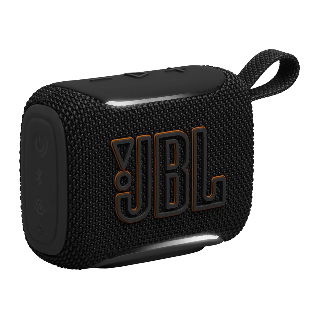 JBL Coluna Bluetooth Go 5 Preto, vista frontal: grelha de tecido com logótipo JBL laranja e alça lateral - Item1