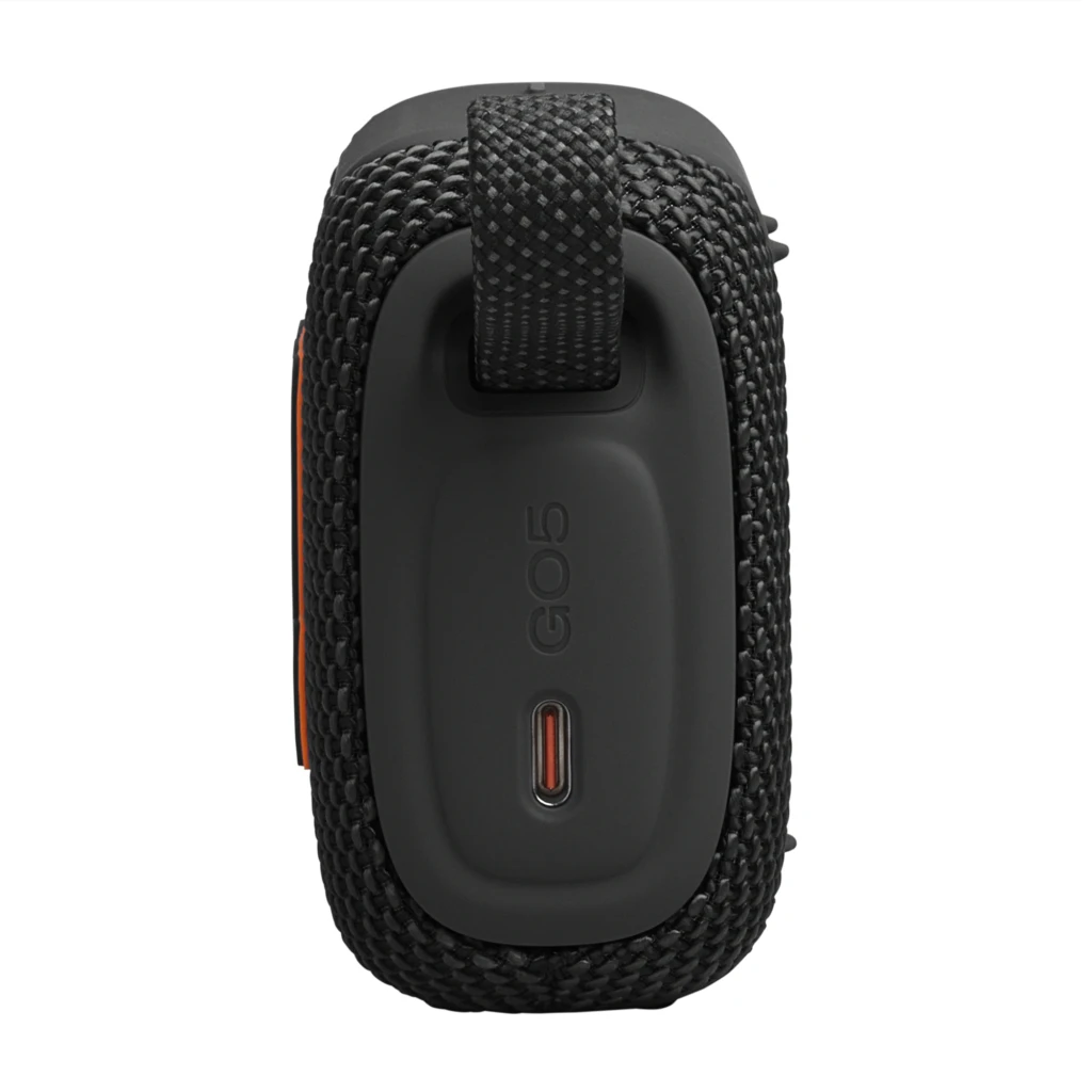 JBL Coluna Bluetooth Go 5 Preto, vista frontal: grelha de tecido com logótipo JBL laranja e alça lateral - Item6
