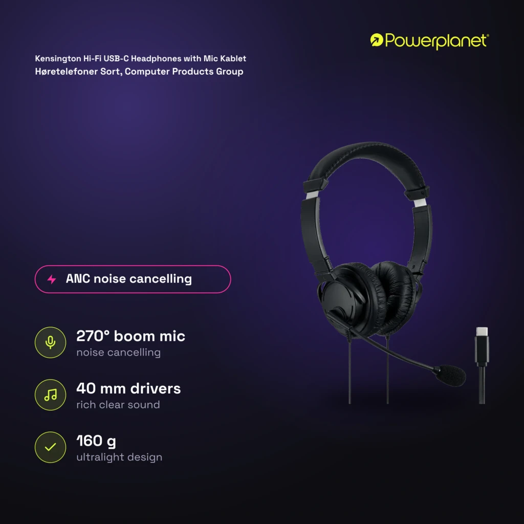 Kensington Hi-Fi USB-C Headphones with Mic negro, vista lateral: auriculares con almohadillas, micrófono flexible y conector - Ítem7
