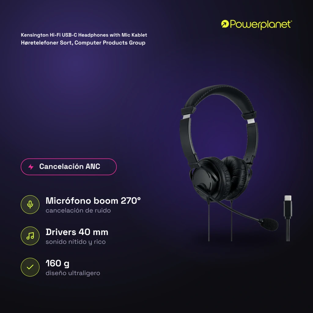 Kensington Hi-Fi USB-C Headphones with Mic negro, vista lateral: auriculares con almohadillas, micrófono flexible y conector - Ítem4