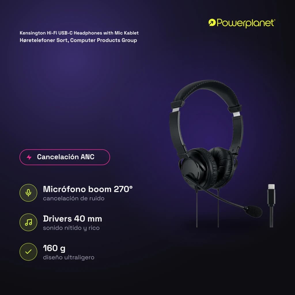 Kensington Hi-Fi USB-C Headphones with Mic Kablet Høretelefoner Sort, Computer Products Group negro - características