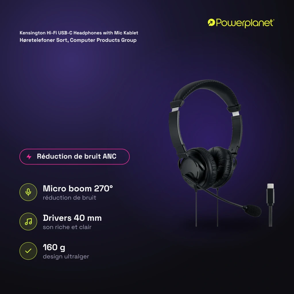 Kensington Hi-Fi USB-C Headphones with Mic negro, vista lateral: auriculares con almohadillas, micrófono flexible y conector - Ítem6