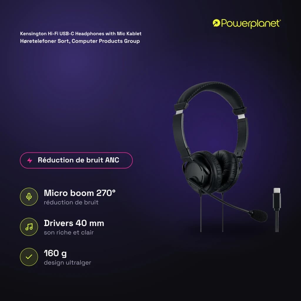 Kensington Hi-Fi USB-C Headphones with Mic Kablet Høretelefoner Sort, Computer Products Group negro - características
