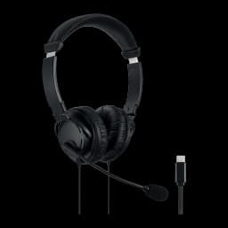 Kensington Hi-Fi USB-C Headphones with Mic negro, vista lateral: auriculares con almohadillas, micrófono flexible y conector