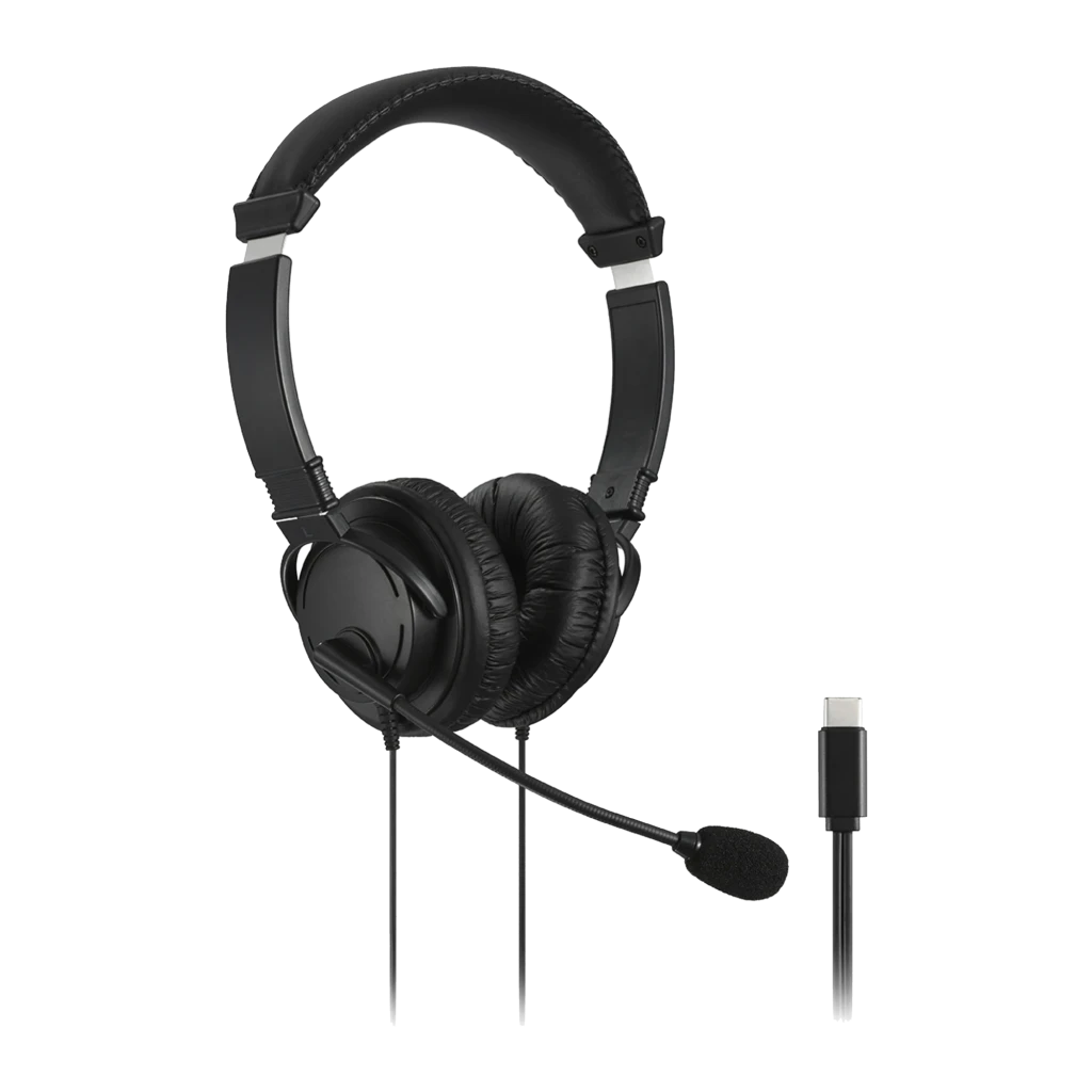 Kensington Hi-Fi USB-C Headphones with Mic negro, vista lateral: auriculares con almohadillas, micrófono flexible y conector - Ítem1