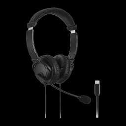 Kensington Hi-Fi USB-C Headphones with Mic negro, vista frontal: auriculares con diadema acolchada, micrófono y cable USB-C