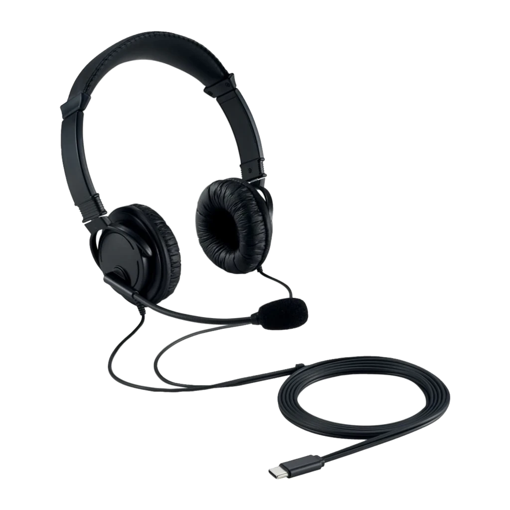 Kensington Hi-Fi USB-C Headphones with Mic negro, vista lateral: auriculares con almohadillas, micrófono flexible y conector - Ítem2