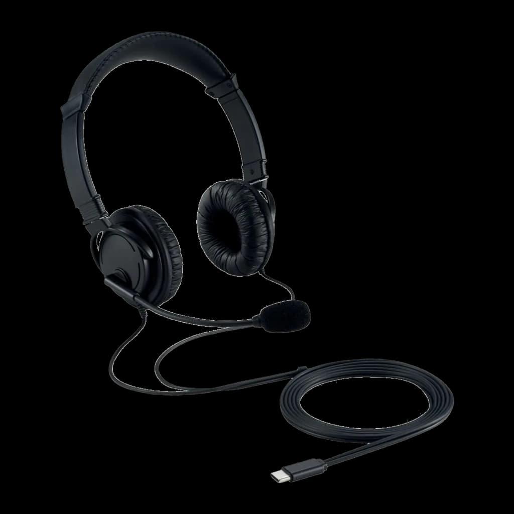 Kensington Hi-Fi USB-C Headphones with Mic negro, vista en perspectiva: interior de almohadillas, micrófono y cable USB-C