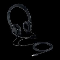 Kensington Hi-Fi USB-C Headphones with Mic negro, vista en perspectiva: interior de almohadillas, micrófono y cable USB-C