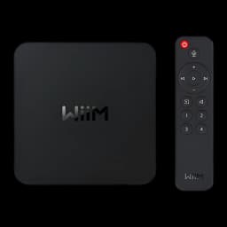 WiiM Pro Reproductor Streaming Negro, vista superior: dispositivo y mando a distancia negro con botón de encendido rojo