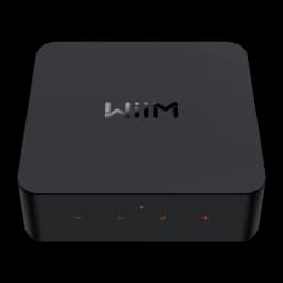 WiiM Pro Reproductor Streaming Negro, vista frontal superior: logo WiiM y botones táctiles naranja en el frontal