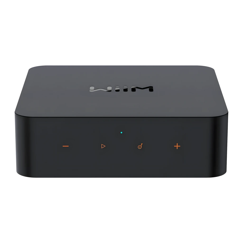 WiiM Pro Lecteur Streaming Noir, vue de dessus: appareil et télécommande noire avec bouton d'alimentation rouge - Ítem2