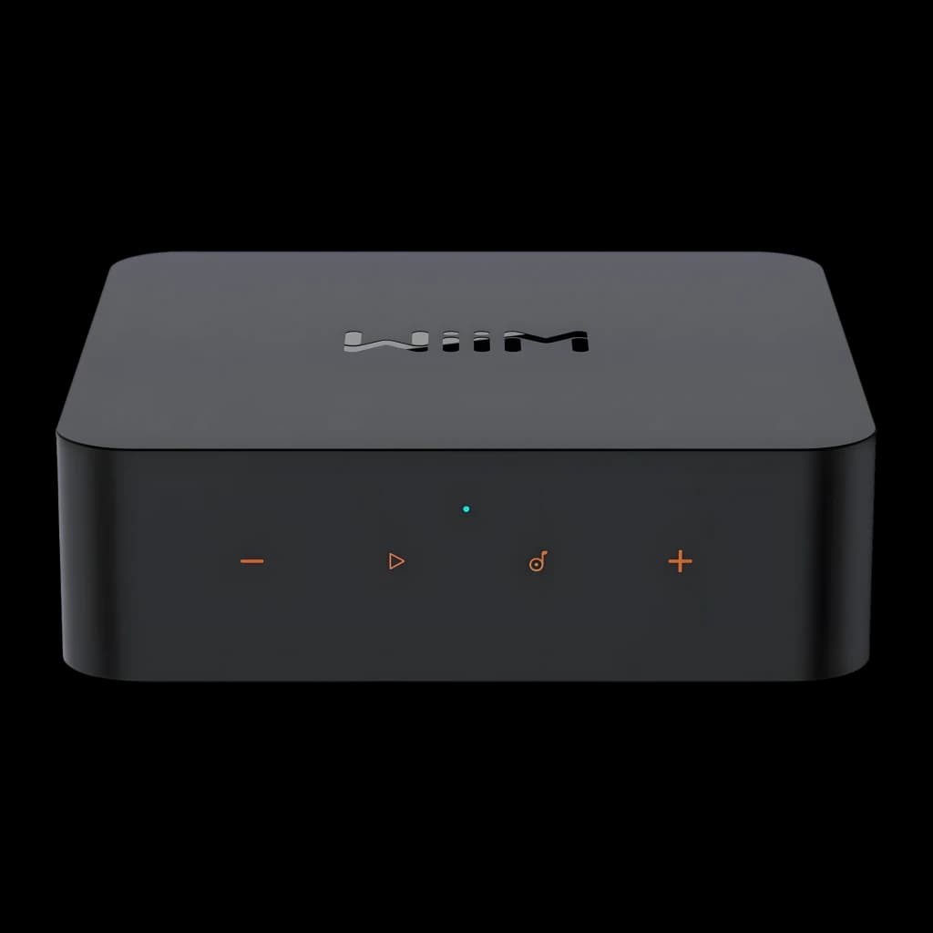 WiiM Pro Reproductor de streaming negro, vista frontal-superior: logo WiiM en tapa y botones táctiles naranjas en el frente