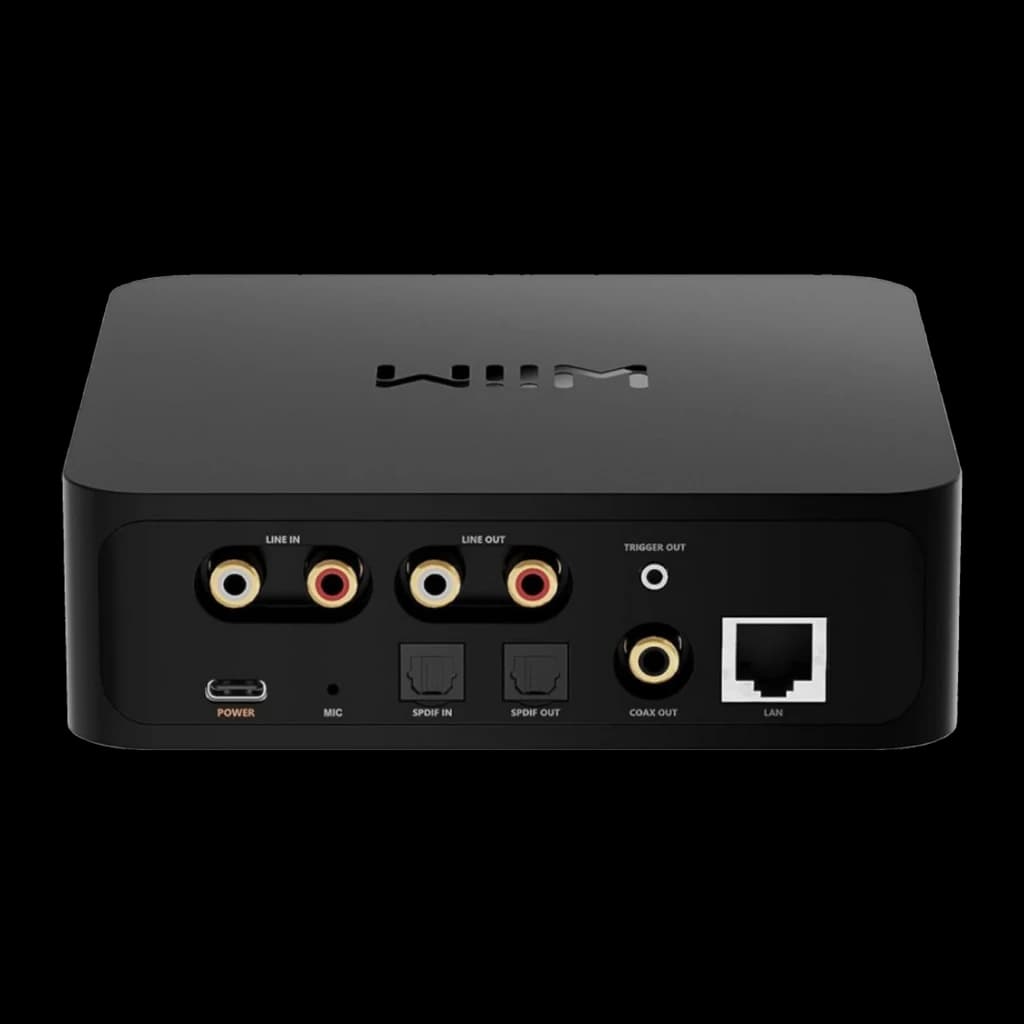 WiiM Pro Reproductor Streaming Negro, vista trasera: puertos RCA, SPDIF, coaxial, LAN y USB-C de alimentación