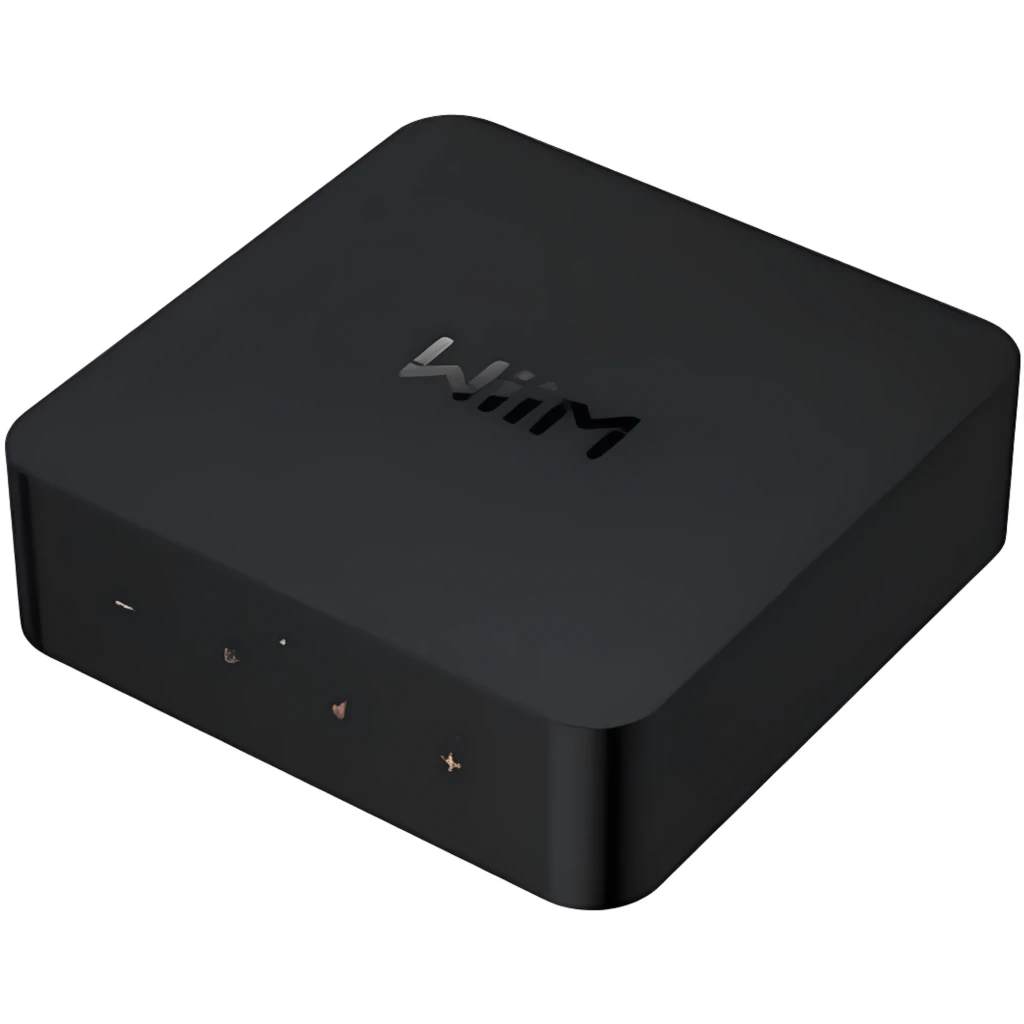 WiiM Pro Lecteur Streaming Noir, vue de dessus: appareil et télécommande noire avec bouton d'alimentation rouge - Ítem4
