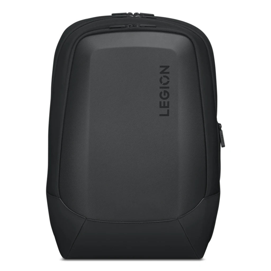 Lenovo Mochila Legion Armored II 17.3 polegadas Preto, vista frontal lateral: carcaça rígida com logo Legion, bolso lateral - Item1
